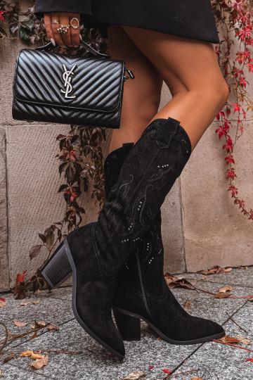 Stivali da donna in stile cowboy alti con tacco in camoscio sintetico neri Coretta 2