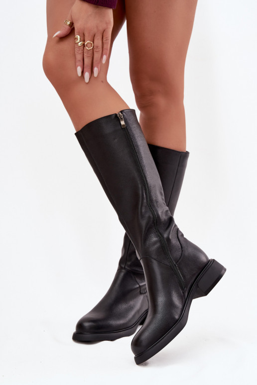 Pelle stivali da donna con tacchi larghi riscaldamento D&A JC52-837 colore nero Pelle stivali da donna con tacchi larghi riscaldamento D&A JC52-837 colore nero