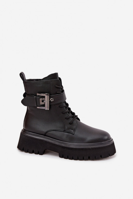 Pelle Stivaletti da lavoro Femminile riscaldamento decorare con fibbie D&A MK52-032 colore nero Pelle Stivaletti da lavoro Femminile riscaldamento decorare con fibbie D&A MK52-032 colore nero