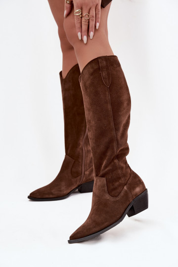 Stivali alti cowboy in suede sintetico caldi Zazoo 4225 marroni 2