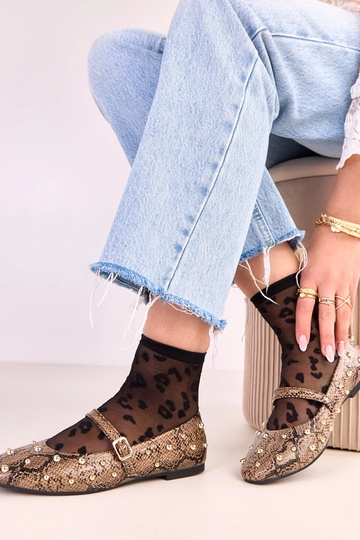 Ballerine marroni Selena con motivo in pelle di serpente decorate con perline
