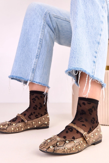Ballerine marroni Selena con motivo in pelle di serpente decorate con perline 2
