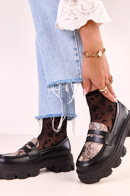 Mocassini neri Loles con motivo in... Mocassini neri Loles con motivo in...