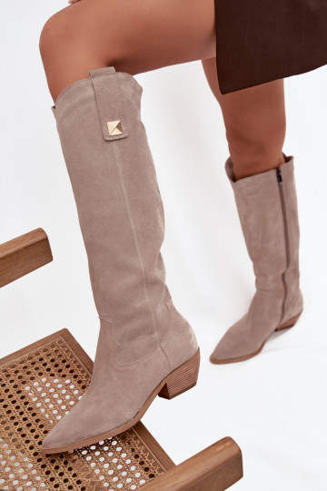 Stivali lunghi in ecopelle color cappuccino stile cowboy Zazoo 4224