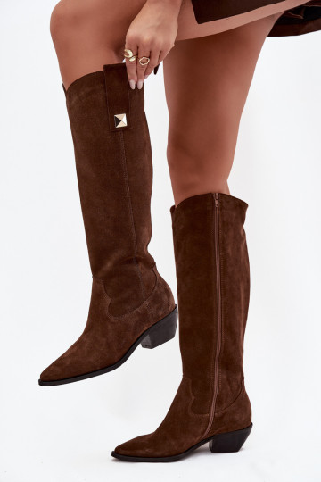 Stivali lunghi in ecopelle color cioccolato stile cowboy Zazoo 4224