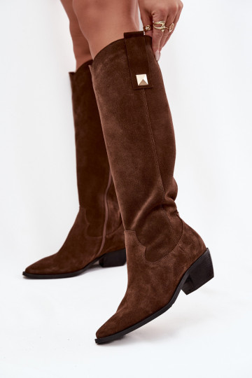 Stivali lunghi in ecopelle color cioccolato stile cowboy Zazoo 4224 2
