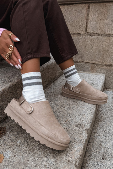 Pantofole calde da donna con pelliccia interna e piattaforma color sabbia Azida