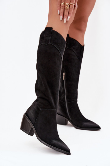 Stivali alti in stile cowboy da donna in pelle scamosciata con tacco, Artiker 57C0232, color nero 2