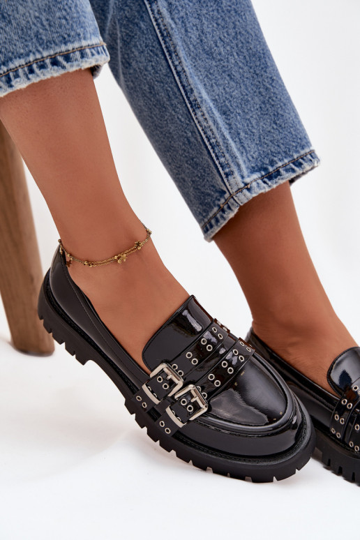 mocassini da donna con effetto vernice con strisce I color argentomi con fibbiemi colore nero Gabrisse