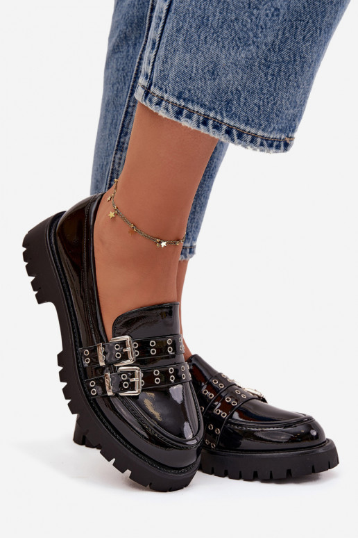 mocassini da donna con effetto vernice con strisce I color argentomi con fibbiemi colore nero Gabrisse