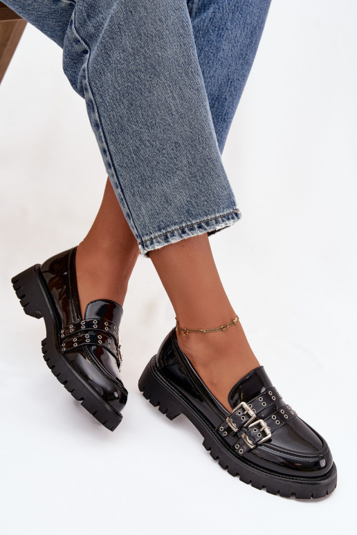 mocassini da donna con effetto vernice con strisce I color argentomi con fibbiemi colore nero Gabrisse