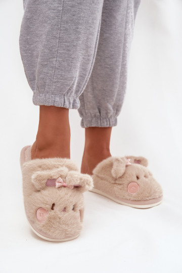 Pantofole da donna con pelliccia, orecchie e fiocchetto sabbio Corayne
