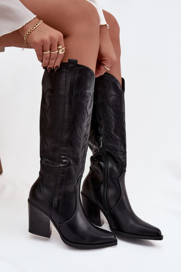 Stivali alti in stile cowboy riscaldati con tacco in pelle artificiale color nero "Zareen"