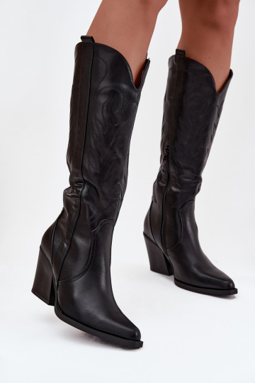 Stivali alti in stile cowboy riscaldati con tacco in pelle artificiale color nero "Zareen" 2