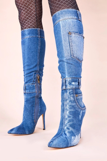 Stivali in denim alti con tacco e tasche Sina