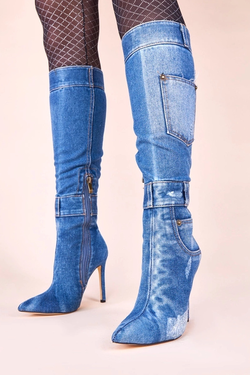 Stivali in denim alti con tacco e...