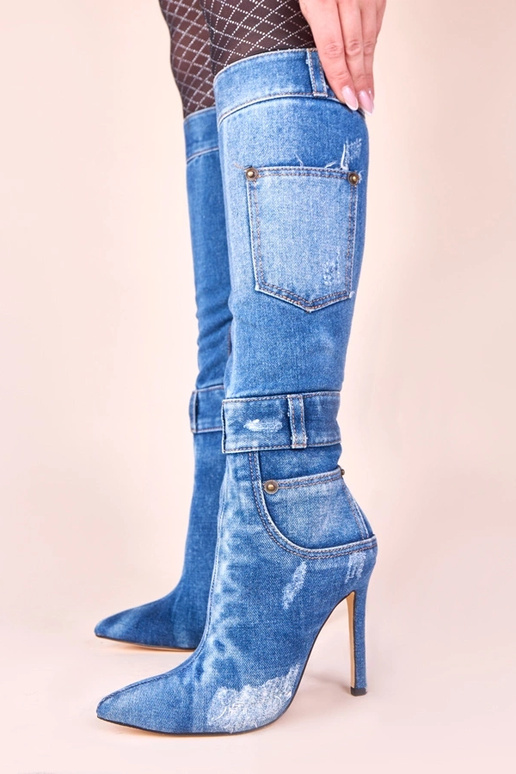 Stivali in denim alti con tacco e...