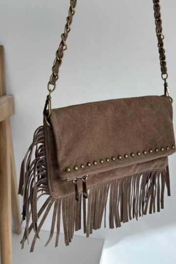 Borsa in ecopelle scamosciata sabbia scuro con frange e catena Tarella 2