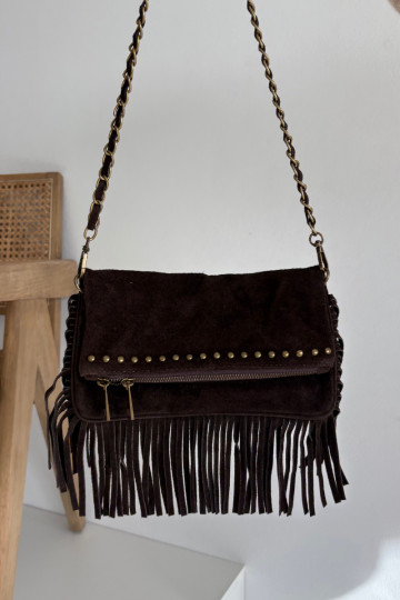 Borsa in ecopelle scamosciata color cioccolato con frange e catena Tarella