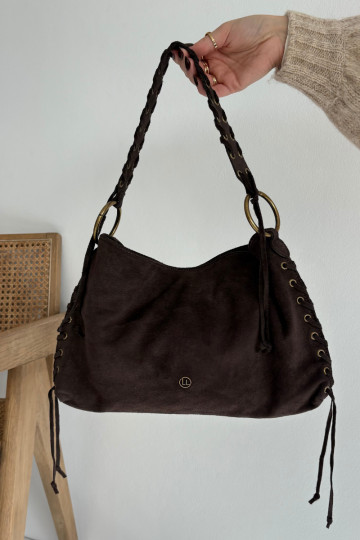 Borsa in ecopelle scamosciata color cioccolato con lacci decorativi Janelis