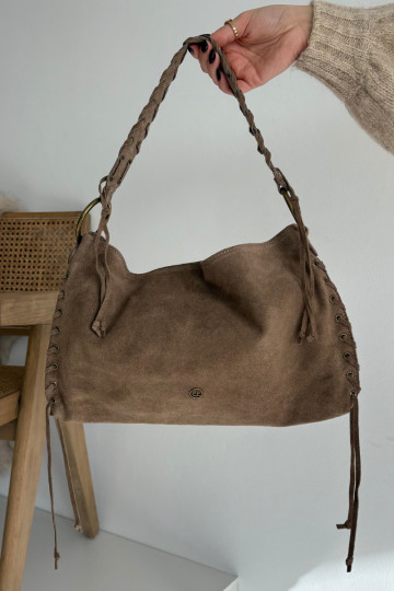 Borsa in ecopelle scamosciata sabbia scuro con lacci decorativi Janelis 2