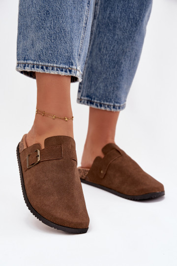 Pantofole Zoccoli Femminile i con una piattaforma con fibbie colore marrone Selio 2