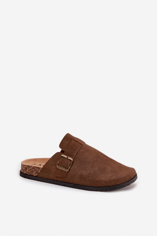 Pantofole Zoccoli Femminile i con una piattaforma con fibbie colore marrone Selio