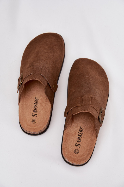 Pantofole Zoccoli Femminile i con una piattaforma con fibbie colore marrone Selio