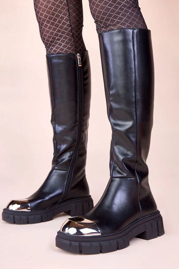 Stivali neri alti con punta dorata Camila