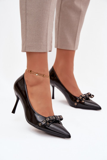 Scarpe con tacco alto effetto vernice e fiocchi neri Janisse 2