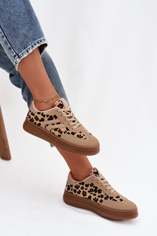 Scarpe modello sneakers Femminile con una piattaforma con motivi di pelliccia di leopardo beige Denissa