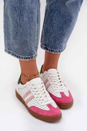 Sneakers da donna Zazoo N1318 color bianco-rosato con elementi traforati in pelle naturale