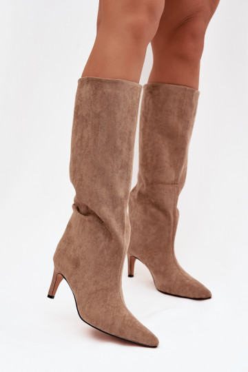 Stivali alti da donna in stile slip-on foderati con tacchi sottili color sabbia Olivienne 2