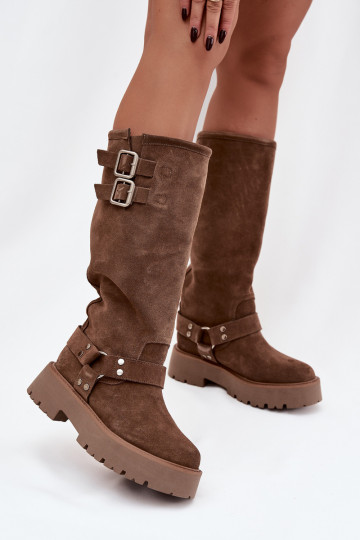 Stivali da donna Big Star OO274A182 color sabbia, imbottiti con fibbie in camoscio naturale 2