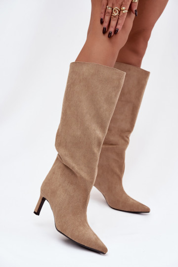Stivali alti da donna in suede sintetico, modello slip-on con tacchi sottili, colore sabbia Phelin 2