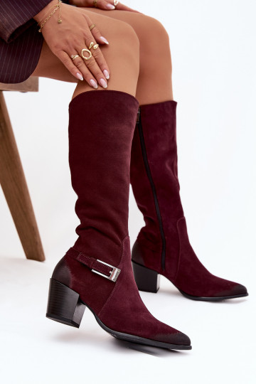 Stivali lunghi in pelle scamosciata con tacco e fibbie foderati Zazoo 70156 bordeaux