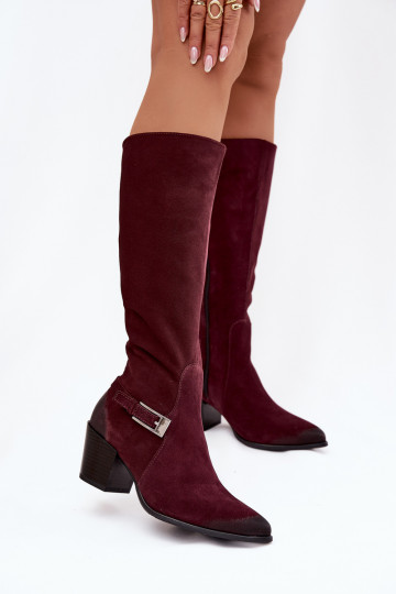 Stivali lunghi in pelle scamosciata con tacco e fibbie foderati Zazoo 70156 bordeaux 2