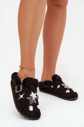 Pantofole da donna con dettagli eleganti e fibbie, foderate in pelliccia, nere "Thalora"