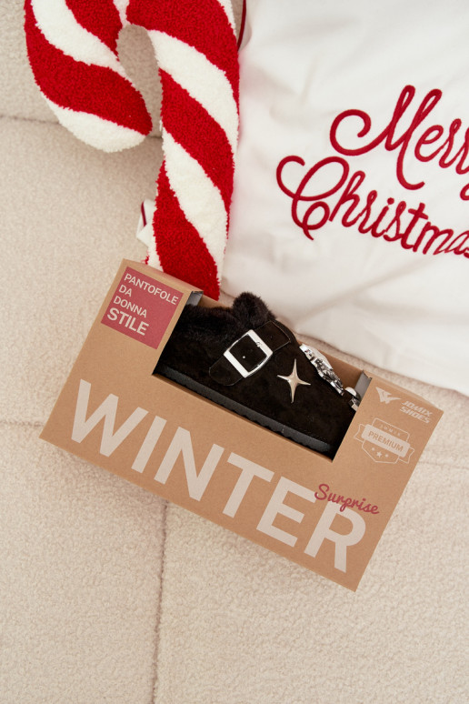 Pantofole Femminile con bellissimi dettagli I con fibbie riscaldamento con pelliccia all interno colore nero Thalora