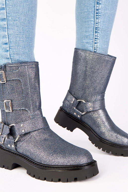 Stivaletti blu decorati con fibbie e...