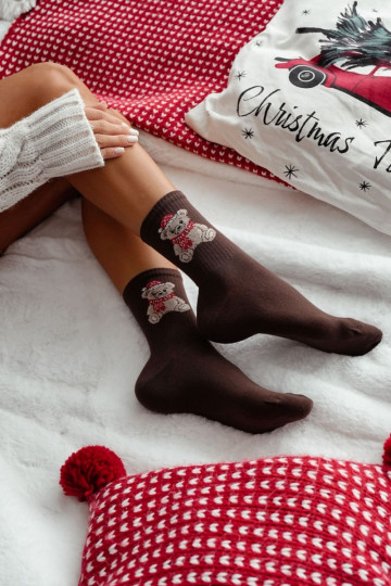 Calze natalizie da donna con orsetti "Santa Clause" color cioccolato