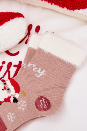 Calzini natalizi per bambini con pelliccia e Babbo Natale, in lana, color sabbia