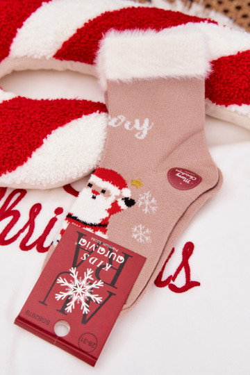 Calzini natalizi per bambini con pelliccia e Babbo Natale, in lana, color sabbia 2