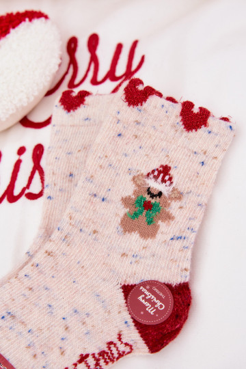 Calze natalizie per bambini con orsetto e cuoricini, in lana di alpaca, color sabbia