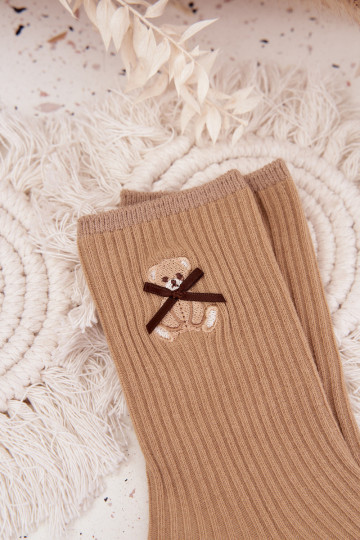 Calze in cotone a righe con orsetto color marrone