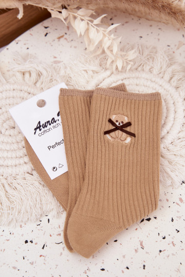 Calze in cotone a righe con orsetto color marrone 2