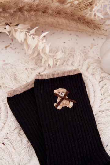 Calze in cotone a righe con orsetto color nero