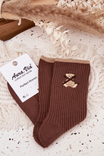 Calze in cotone a righe con orsetto color cioccolato 2