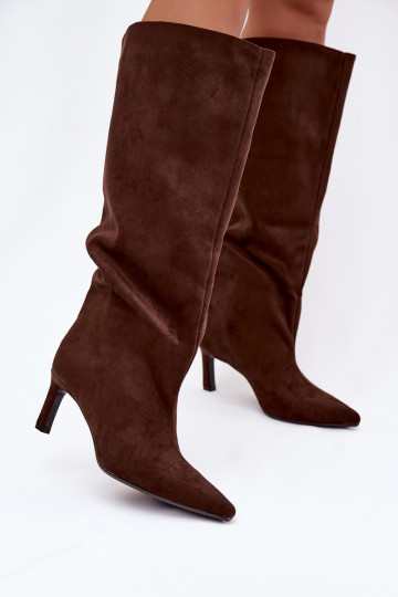 Stivali alti da donna in suede sintetico, modello slip-on con tacchi sottili, colore cioccolato Phelin 2