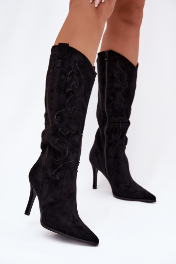 Stivali alti neri da donna in stile cowboy con tacchi sottili in suede sintetico Belonia